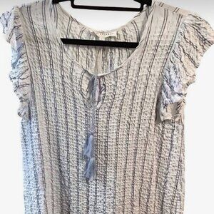 Jane & Delancey boho blue white  Crinkle Beach tassel stripes Coastal blouse XL